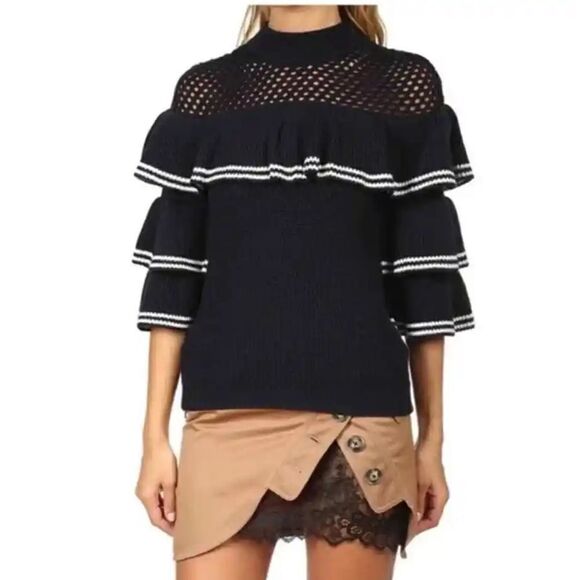 New Self-Portrait STRIPED FRILL SWEATER NAVY Wool Jumper Small - Picture 2 of 16